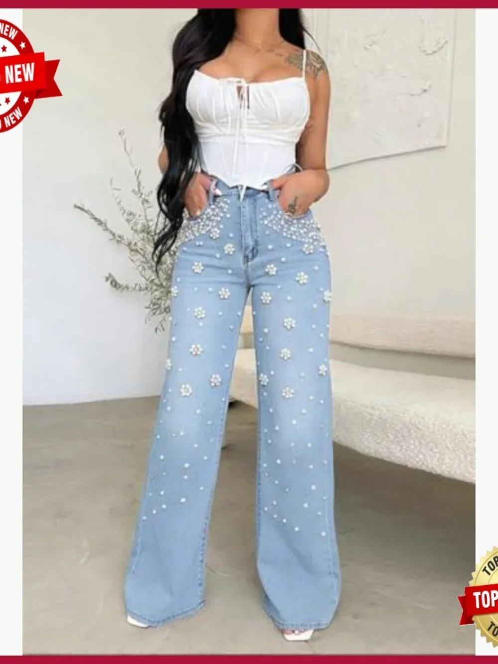 High Waisted Wide Leg Rhinestone Jeans Y2K Sparkly Denim Trousers